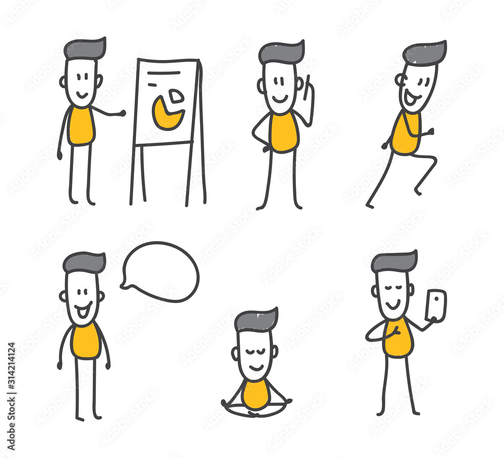 A hand-drawn doodle of a successful businessman teaching, meditating, playing sports and talking on the phone. Easy to use for your website, poster or presentation.