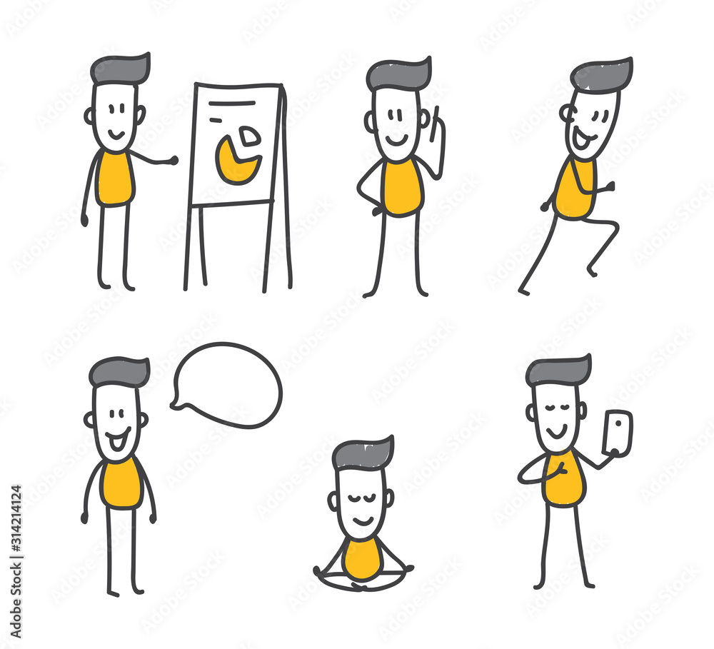 A hand-drawn doodle of a successful businessman teaching, meditating, playing sports and talking on the phone. Easy to use for your website, poster or presentation. A hand-drawn doodle of a successful businessman teaching, meditating, playing sports and talking on the phone. Easy to use for your website, poster or presentation.