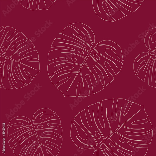 Monstera leaves vector seamless pattern on burgundy background. Collection of tropical leaves, print for clothes,cloth,textile, swimwear, fabric, fashion, paper. Cute and bright summer background.