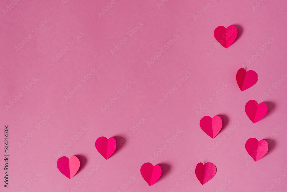 background of Valentine's day. Border or frame of pink paper hearts. The concept of Valentine's Day