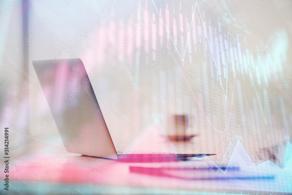 Multi exposure of forex chart and work space with computer. Concept of international online trading. Multi exposure of forex chart and work space with computer. Concept of international online trading.