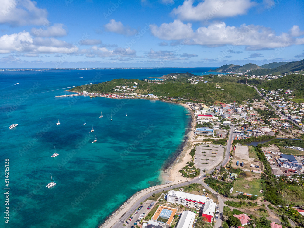 High aerial view of Marigot, The capital of french St.Martin.