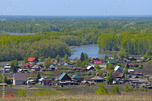 Siberian village Srostki and the Katun river in the Altai territory of Russia