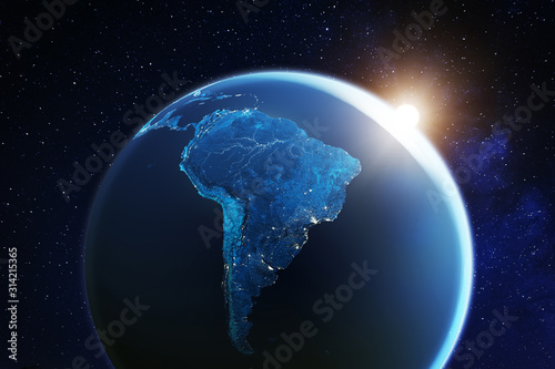 South America viewed from space with sunrise on planet Earth and stars, overview of Amazon river and forest, night lights from cities in Brazil, Argentina, Chile, Peru, map elements from NASA, 8k photo