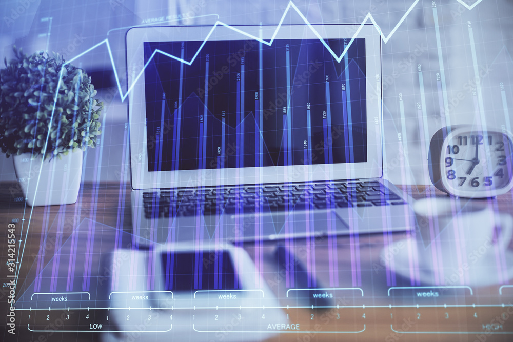 Forex market chart hologram and personal computer background. Double exposure. Concept of investment.