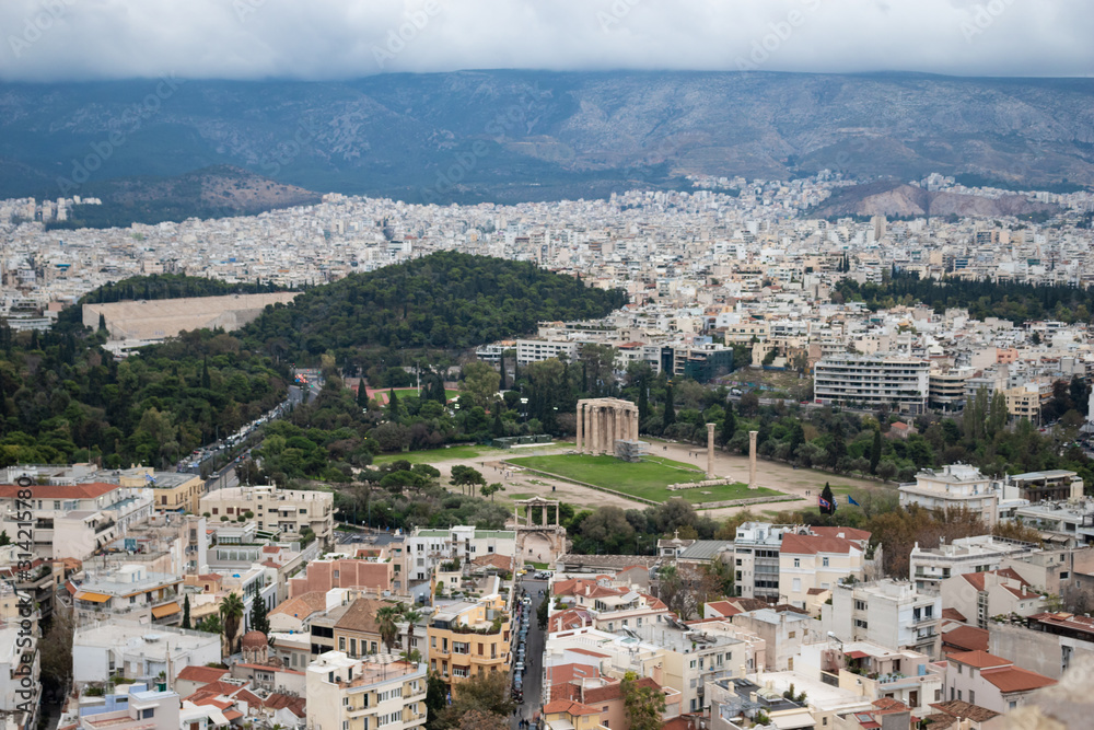 City view on the Temple of Olympian Zeus in athens, Greece.