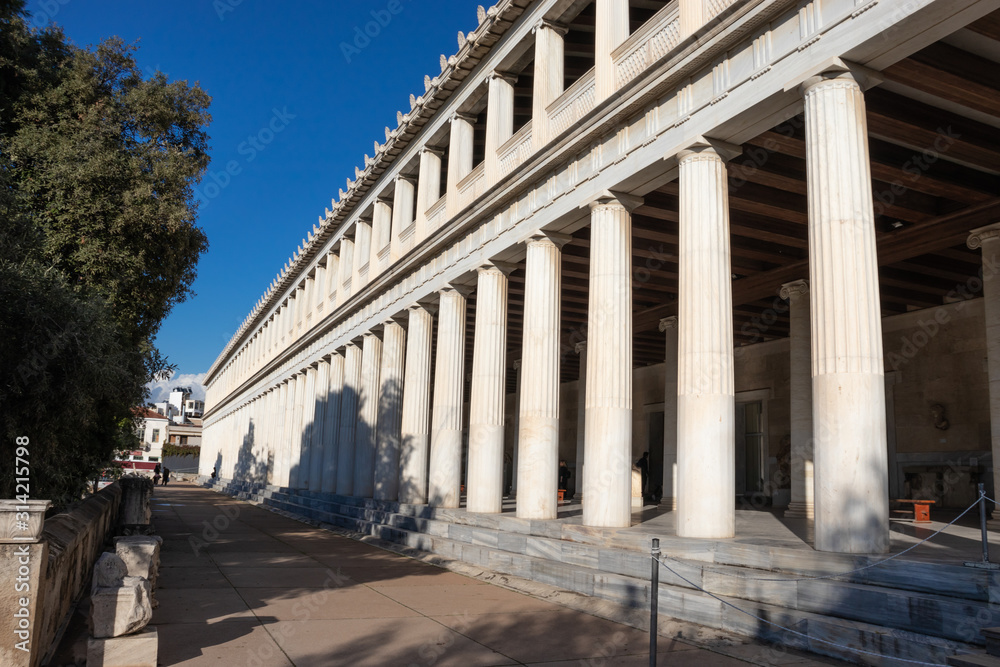 GREECE, ATHENS - NOVEMBER 30, 2019: Stoa of Attalos in Athen Greece on a sunny day