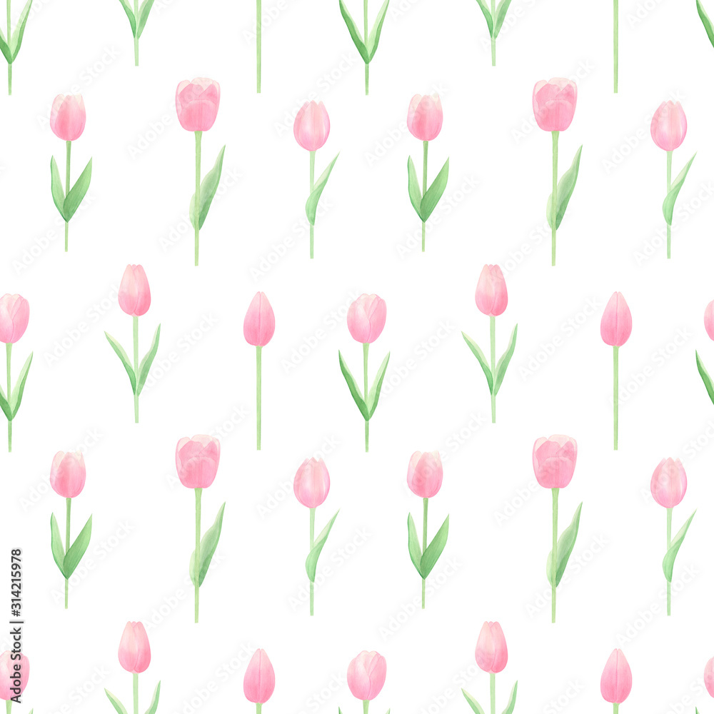 Spring flowers seamless pattern on white background. Hand drawn pink tulips watercolor background. Happy mothers day wrapping papper design. Spring flowers background. Perfect for fabric, covers. Spring flowers seamless pattern on white background. Hand drawn pink tulips watercolor background. Happy mothers day wrapping papper design. Spring flowers background. Perfect for fabric, covers.