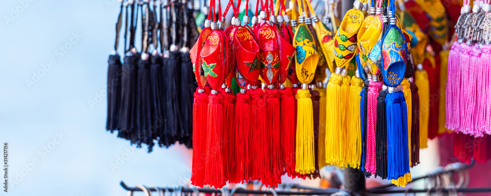 Multicolored key rings, Marrakesh, Morocco. With selective focus.