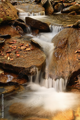 Autumn mountain waterfall stream in the rocks with red fallen  leaves         