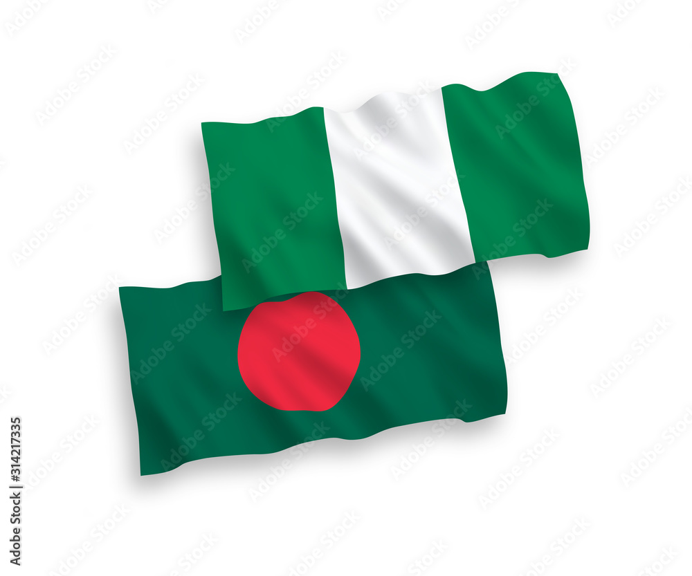 National vector fabric wave flags of Bangladesh and Nigeria isolated on white background. 1 to 2 proportion. National vector fabric wave flags of Bangladesh and Nigeria isolated on white background. 1 to 2 proportion.