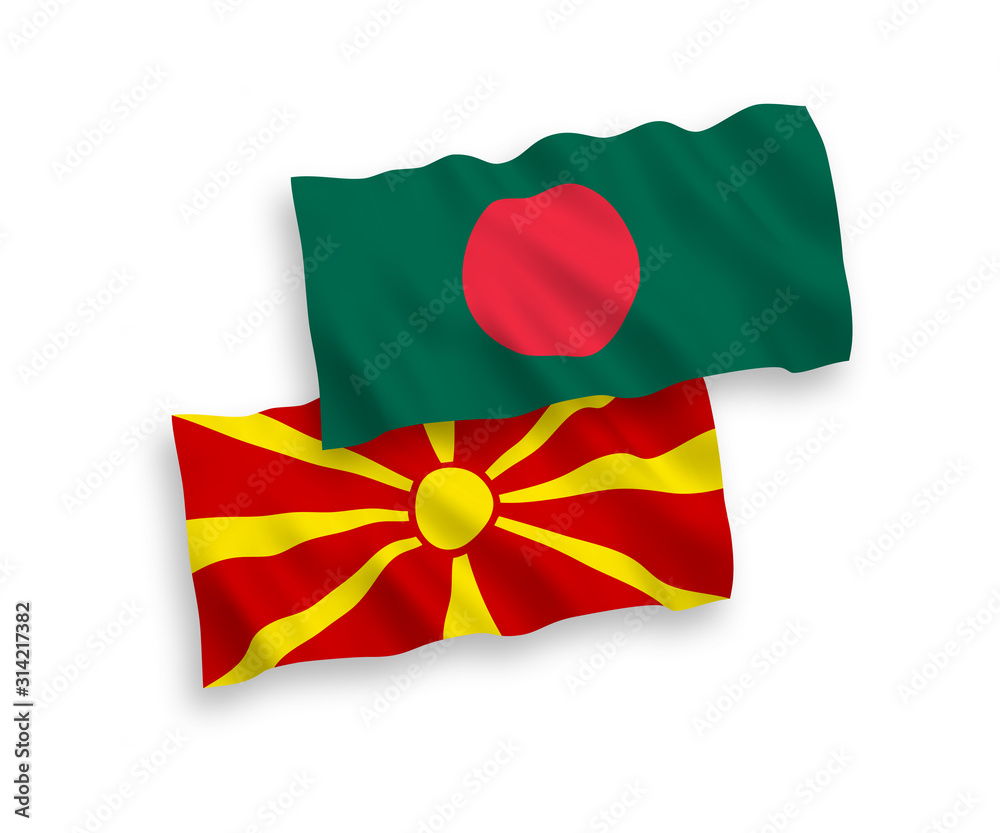 Fototapeta premium National vector fabric wave flags of Bangladesh and North Macedonia isolated on white background. 1 to 2 proportion.