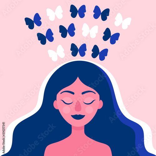 Female head with butterflies flying from the head, happiness, relaxation, liberation from problems.Creative, ideas.Psychological concept.Psychotherapy.Flat vector illustration