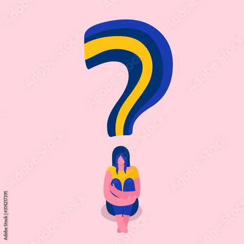 A sad young woman is sitting on the floor.She wrapped her arms around her legs.Melancholy,depression,oppression,psychological problems and questions.Psychotherapy.Psychology.Flat vector illustration