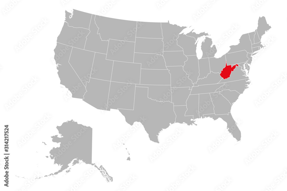 West virginia state highlighted on USA political map vector illustration. Gray background.