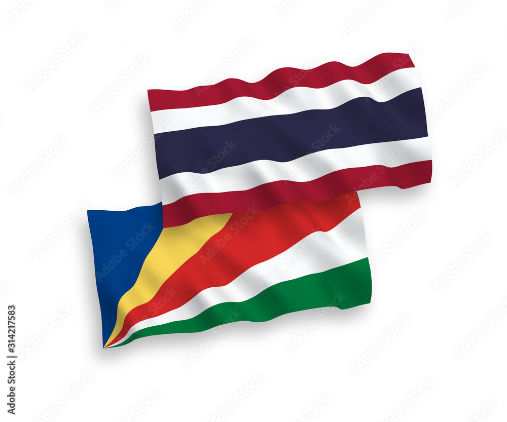National vector fabric wave flags of Seychelles and Thailand isolated on white background. 1 to 2 proportion.