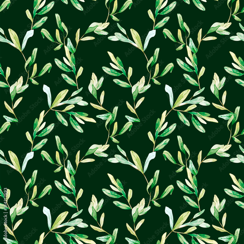 Greenery watercolor seamless pattern hand painted botanical garden . Nature eco design branches and leaves. Green illustration for wrapping paper, textile fabric db.