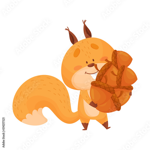 Cartoon Squirrel Animal Carrying Lots of Acorns in Its Tree Hollow Vector Illustration