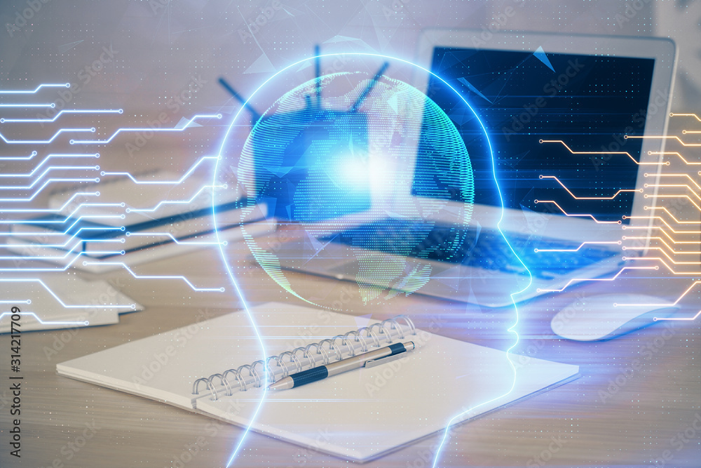 Multi exposure of work table with computer and brain hologram. Brainstorm concept. Multi exposure of work table with computer and brain hologram. Brainstorm concept.