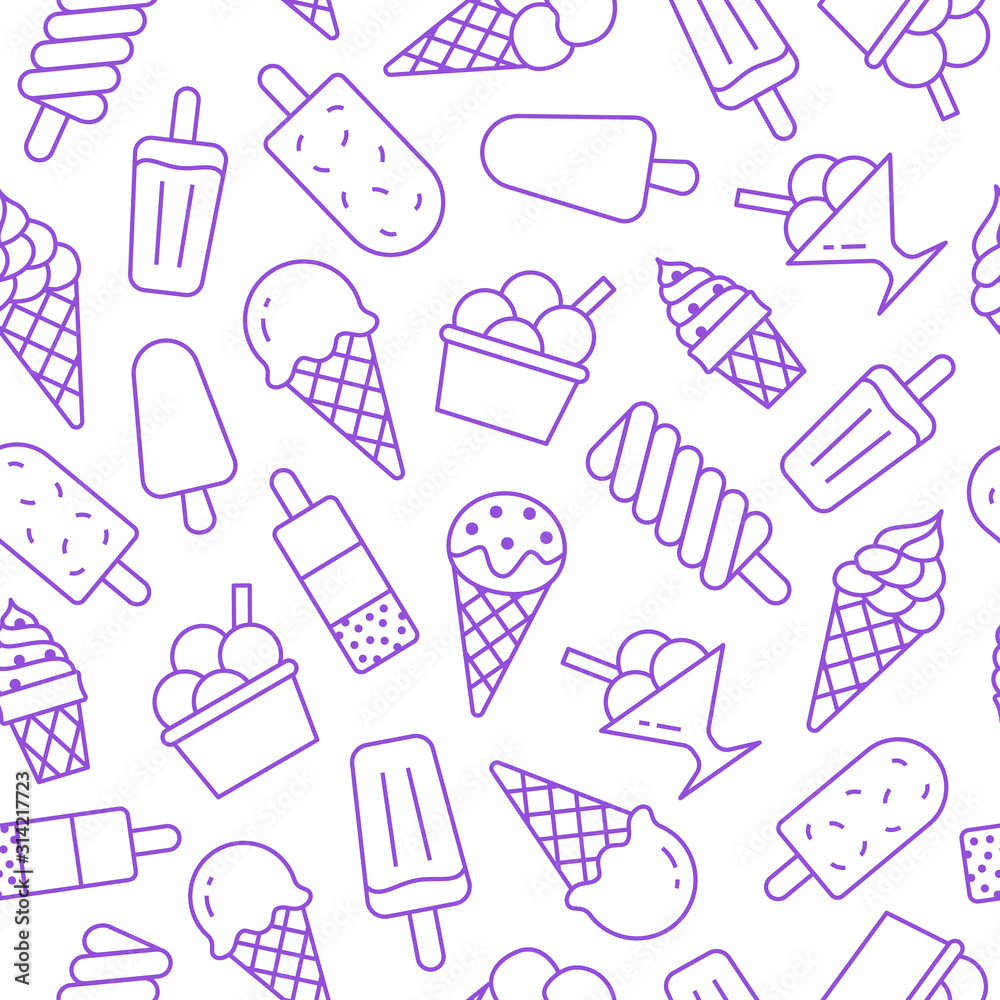 Ice cream background, sweet food seamless pattern. Vanilla icecream, frozen yogurt, popsicle lolly line icons. Summer dessert colorful vector illustration purple white color