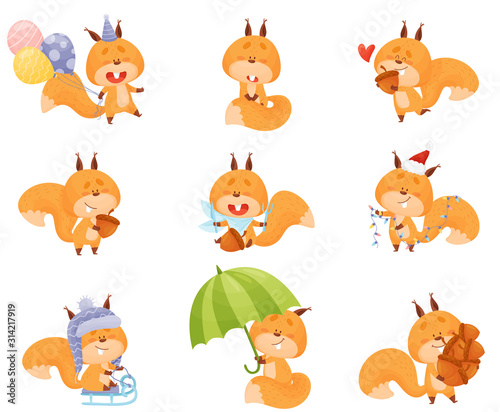 Fototapeta Naklejka Na Ścianę i Meble -  Cartoon Squirrel Character Engaged in Different Activities Vector Set