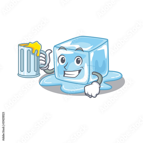 Happy ice cube mascot design with a big glass