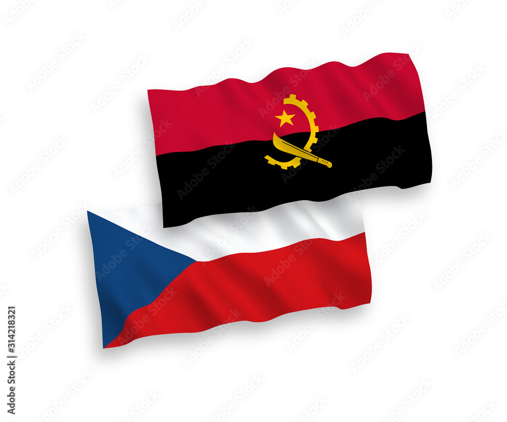 National vector fabric wave flags of Czech Republic and Angola isolated on white background. 1 to 2 proportion.