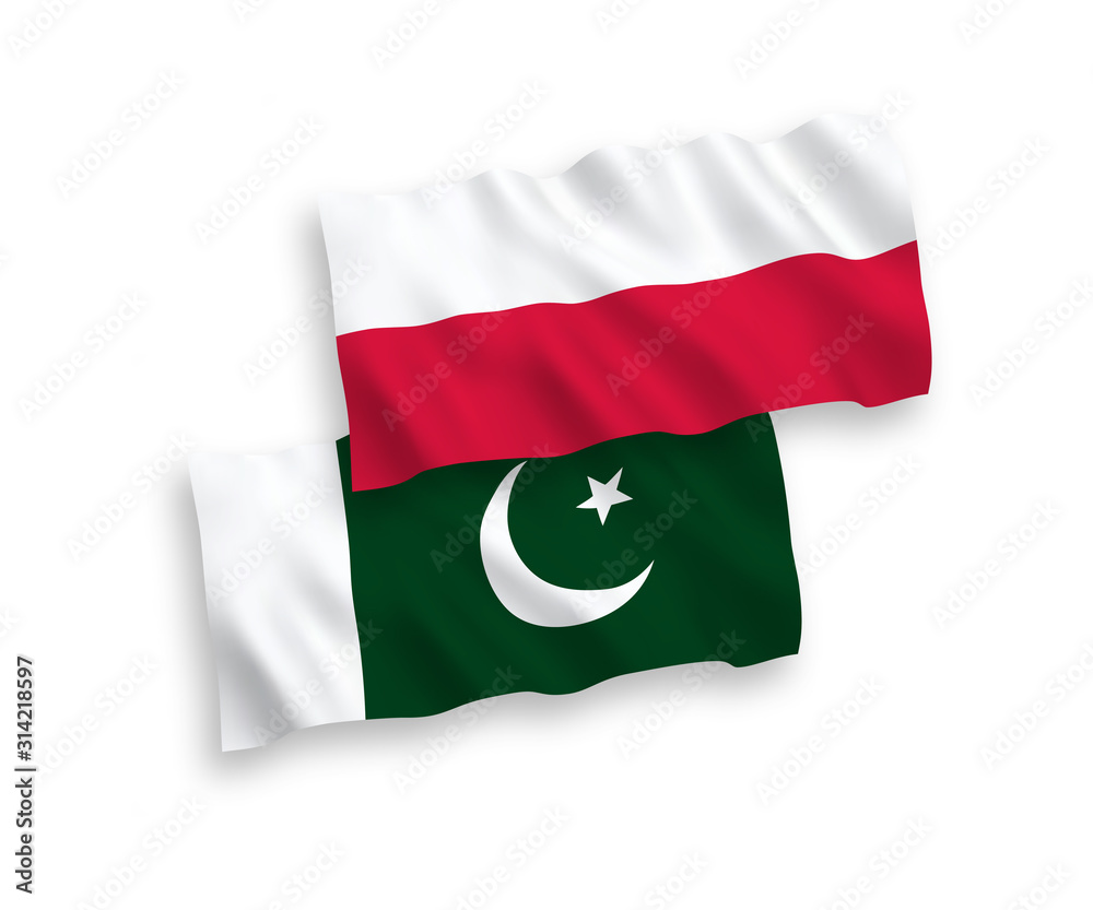 National vector fabric wave flags of Pakistan and Poland isolated on white background. 1 to 2 proportion. National vector fabric wave flags of Pakistan and Poland isolated on white background. 1 to 2 proportion.