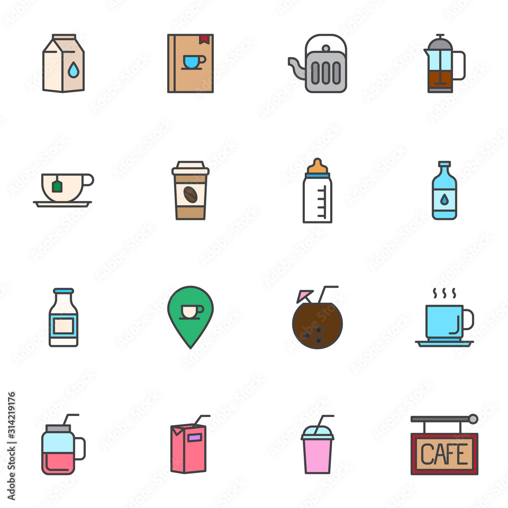 Cafe drinks filled outline icons set, line vector symbol collection, linear colorful pictogram pack. Signs, logo illustration, Set includes icons as milk package, menu booklet, take away coffee cup