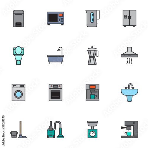 Kitchen appliances filled outline icons set, line vector symbol collection, linear colorful pictogram pack. Signs, logo illustration, Set includes icons as toilet, vacuum, coffee machine, gas stove