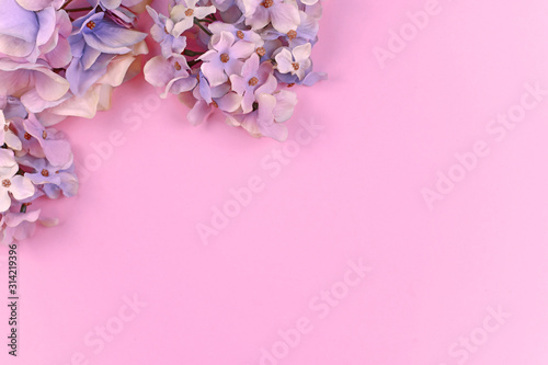 Fototapeta Naklejka Na Ścianę i Meble -  Background with artificial textile hydrangea flowers in upper leftcorner and pink copy space 