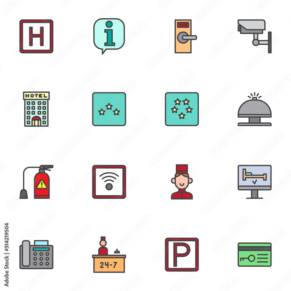 Hotel service filled outline icons set, line vector symbol collection, linear colorful pictogram pack. Signs, logo illustration, Set includes icons as parking, lock, cctv, reception bell, receptionist - obrazy, fototapety, plakaty 