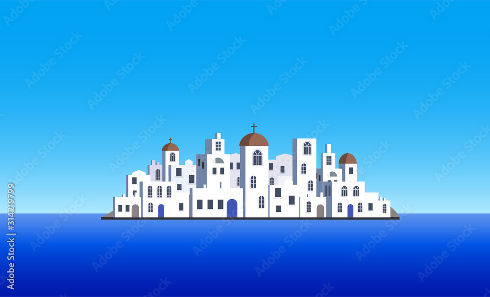 Island village, a scenery from east Mediterranean. Vector Illustration.