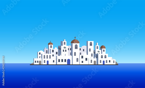 Island village  a scenery from east Mediterranean. Vector Illustration.