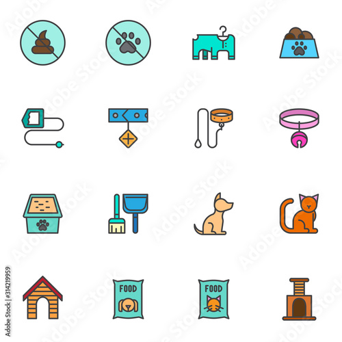 Pet shop filled outline icons set, line vector symbol collection, linear colorful pictogram pack. Signs, logo illustration, Set includes icons as dog, cat, canine food, collar, animal leash, dog house