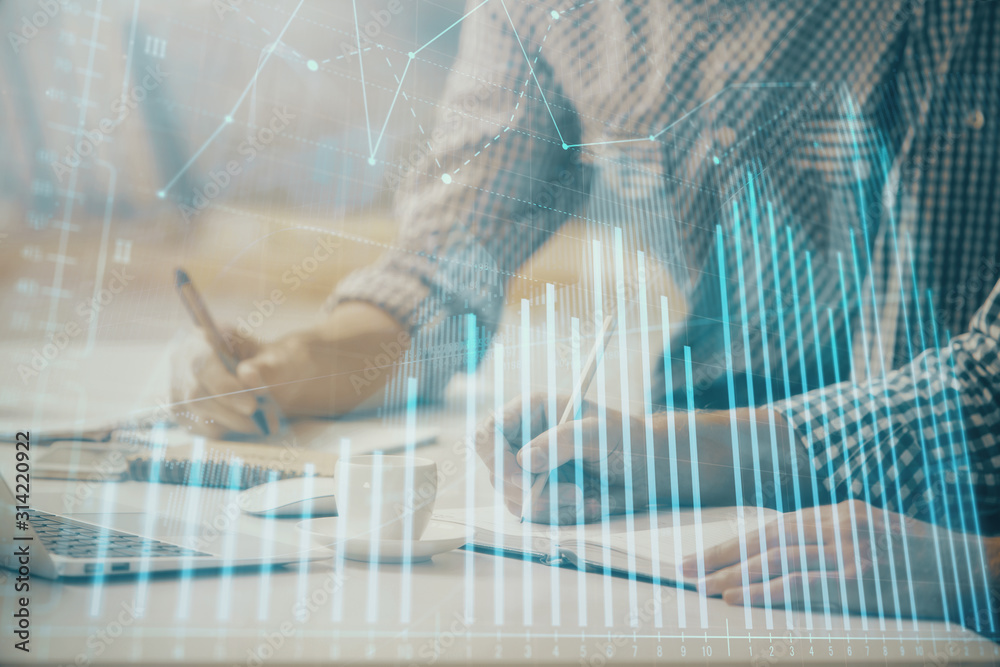 Multi exposure of forex chart with man working on computer on background. Concept of market analysis. Multi exposure of forex chart with man working on computer on background. Concept of market analysis.
