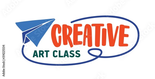 Creative art class flat vector logotype. Talented kids studio logo isolated on white background. Paper plane with inscription. Drawing lessons, early development center emblem design.