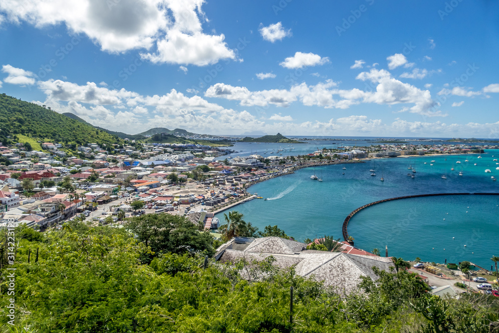 Fototapeta premium High point view of the marina in Marigot. French Saint Martin.High aerial view of Marigot, The capital of french St.Martin.