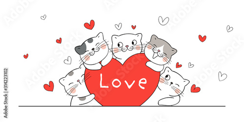 Draw cat hug red hearts for Valentine's day.