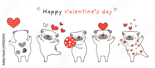 Draw pug dog with little red hearts for Valentine.