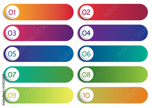 Bulleted points with numbers from 1 to 10 in colorful text fields with a rainbow gradient. Vector web elements isolated on a white background.