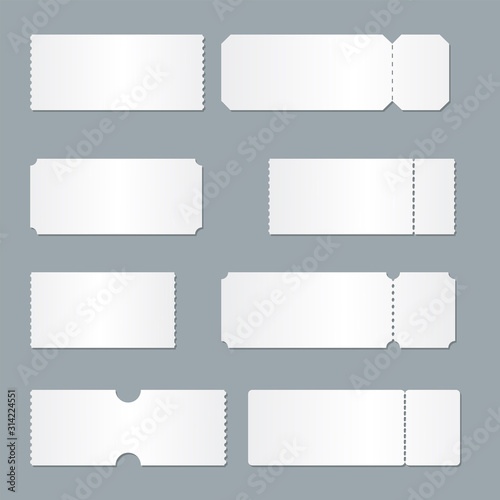 Blank ticket template. Festival concert tickets, white paper coupon card layout and cinema admit one sheet. Event, theater or lottery tickets isolated vector symbols mockup