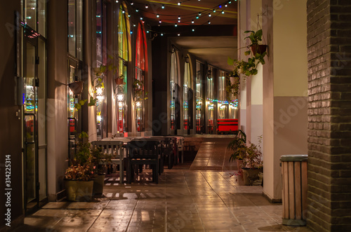 City street cafe in Christmas decoration on Krasnaya Polyana. Ski resort in Russia. November 2019.