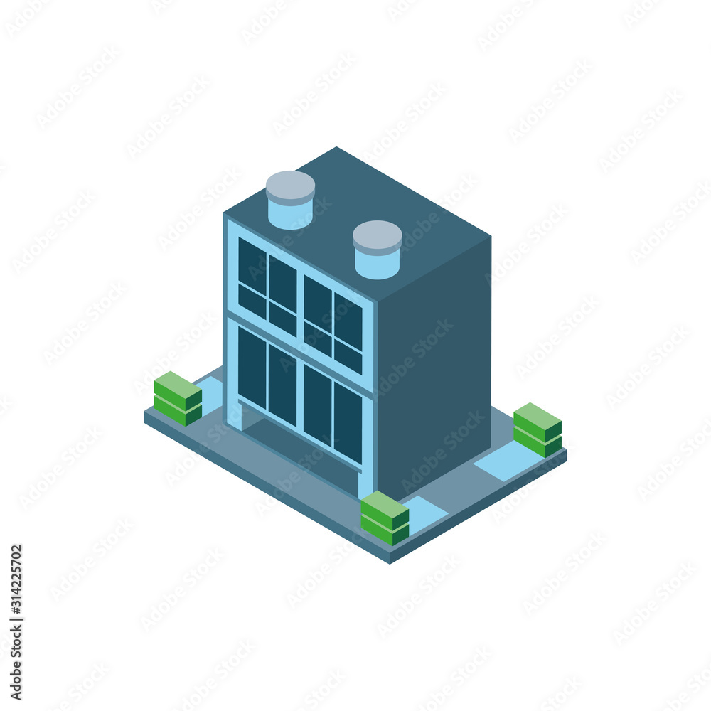 Fototapeta premium Isometric grey city building with shrubs vector design