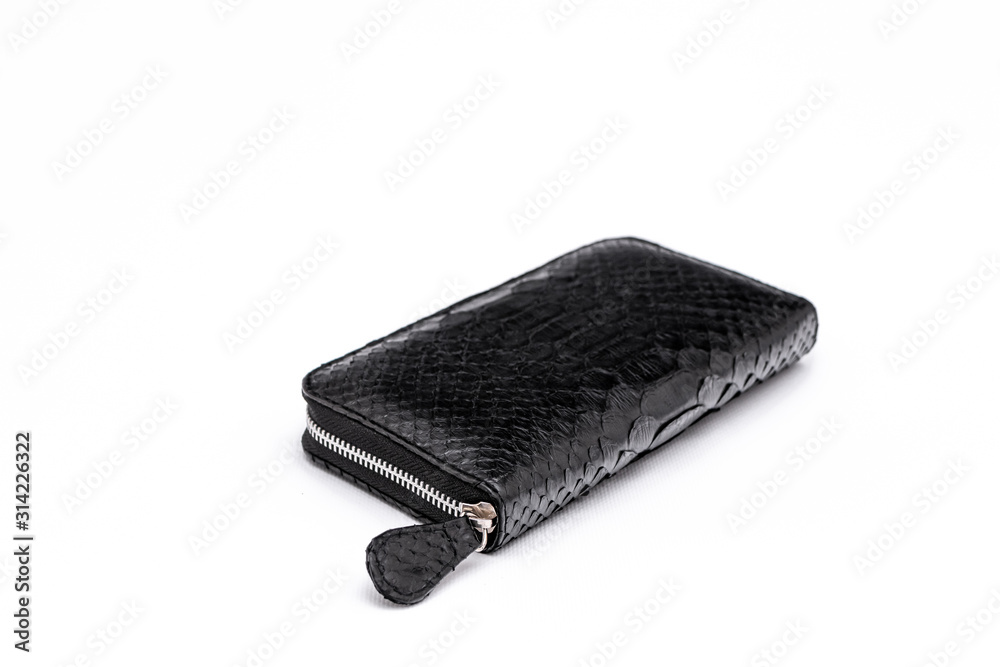 Fashion luxury snakeskin python wallet isolated on a white background.