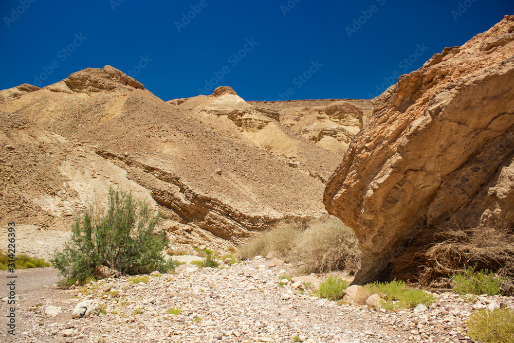 desert landscape dry wasteland scenic view of wilderness passage between sand stone rocks and hills environment without people