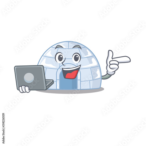 Smart character of igloo working with laptop