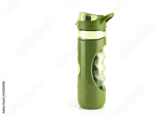 Plastic sports bottle water green color isolated on white background..