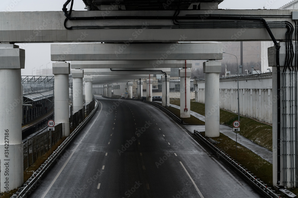 Car multi-level road without cars, pillars Car multi-level road without cars, pillars