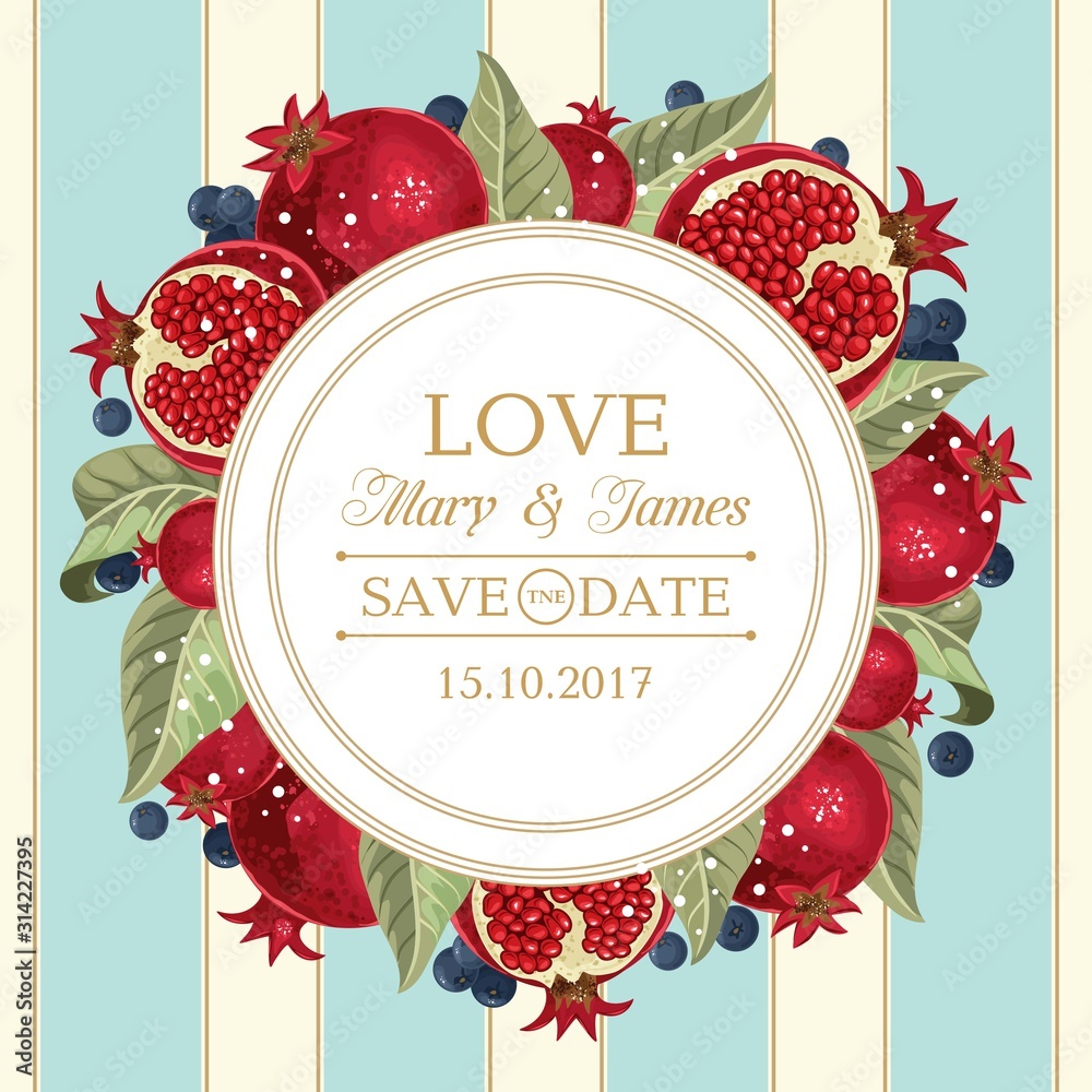 Naklejka premium Wedding invitations with pomegranate and leaves. Composition for a wedding or greeting card. Design element for wedding, birthday, natural and eco cosmetics. Can be used for a poster, invitation , or